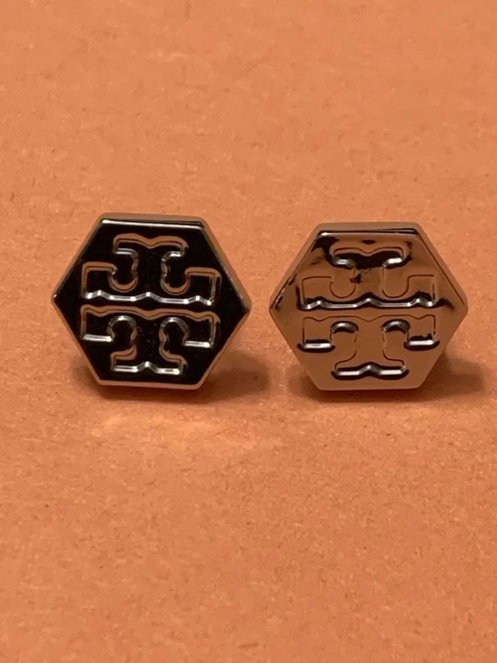 Tory Burch Hexagon Logo Stud Earrings in Silver Tone